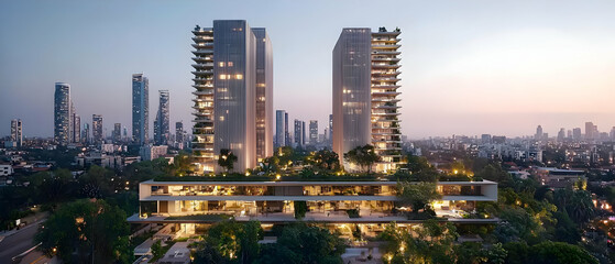Fototapeta premium Luxury High Rise Residential Towers With Green Rooftop Terraces In A Bustling City Center During Dusk With Illuminated Cityscape