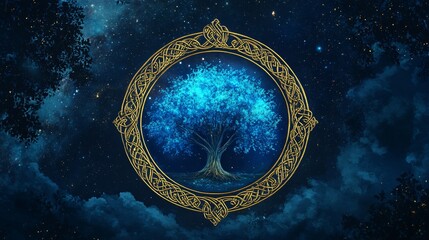 Obraz premium Enchanting Glowing Blue Tree Illustration Surrounded by Mystical Aura