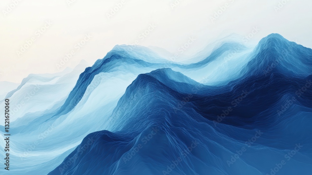 Poster serene blue mountainscape with soft flowing layers of gentle waves and light gradients in a calm, et