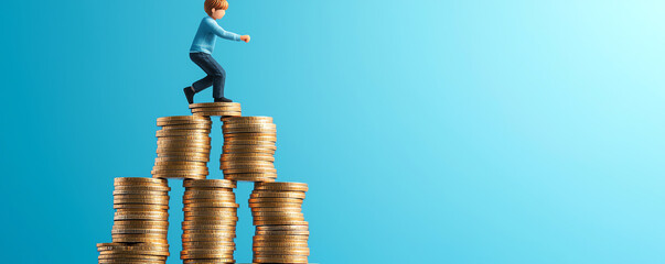 Child climbing on stacks of coins, symbolizing financial growth and ambition