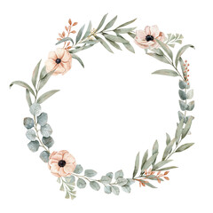 Watercolor hand drawn frame with a eucalyptus and others branchesand branches, anemones on a peach pink color. Square frame for shop, banner, postcard. Can be used on fabrics and paper products