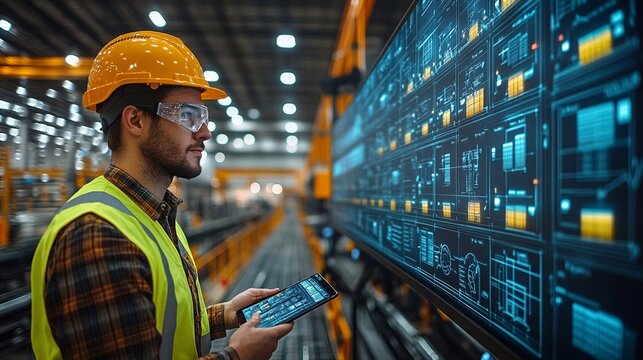 Factory worker monitors data on screen, using tablet for analysis, ensuring quality control in the industrial environment.