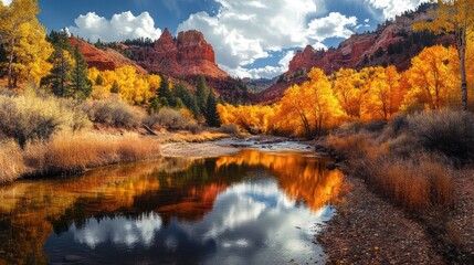 Naklejka premium Autumnal river reflection in canyon, golden aspens, scenic background, nature wallpaper