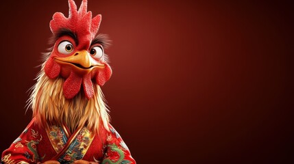 A Playful Rooster Character Dressed in Traditional Attire with a Bold and Vibrant Red Background