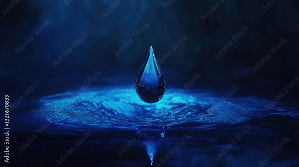 Poster a close-up of a glimmering water drop falling into a rippling blue pool, creating stunning circular 
