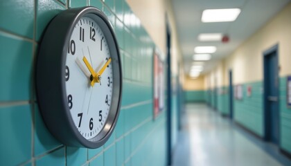 School analog clock on tile wall in hallway shows time. Educational institution indoors, classroom time management, discipline, learning schedule. Interior design elements, architecture concept shows