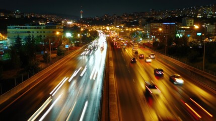 Fototapeta premium Nighttime cityscape showcasing vibrant traffic on a busy highway with city lights twinkling in the background