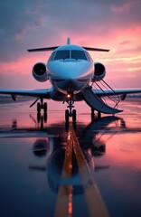 Front view of private jet with open staircase on wet runway at dusk. Sunset sky reflects in puddles. Modern sleek airplane, business aviation transport on tarmac. Luxury travel, air transportation.