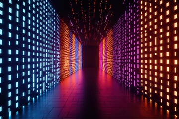 Futuristic Digital Cityscape with Illuminated Colorful Walls and Abstract Lighting Effects