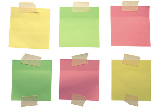Colorful sticky notes attached with adhesive tape on transparent background. Isolated