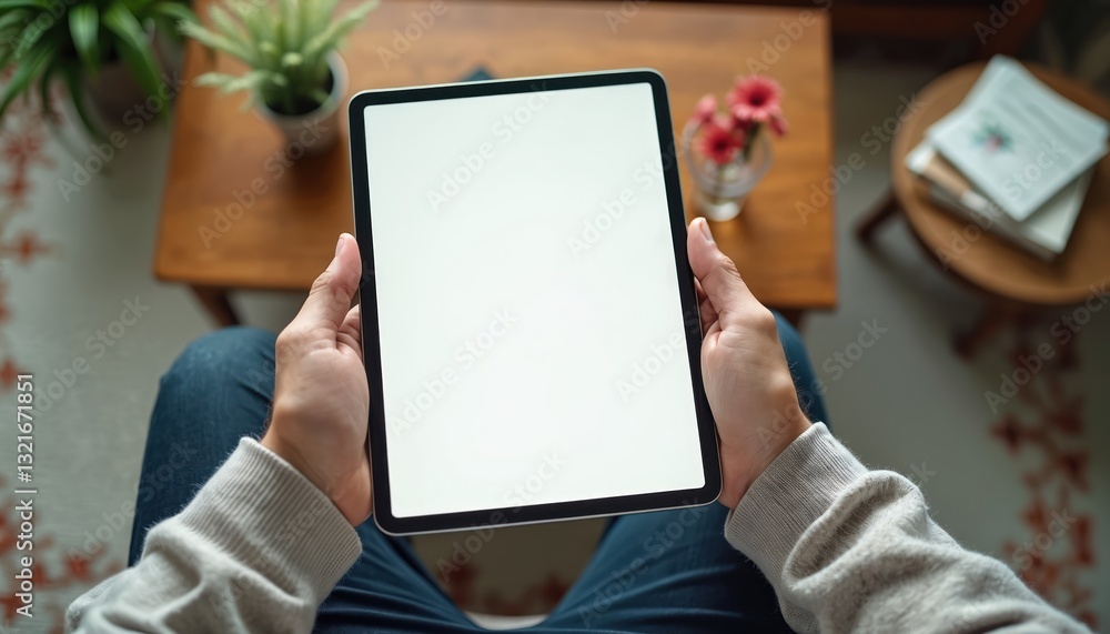 Poster Man holds black tablet with white blank screen, sits on chair at home office with flowers and greenery. Tablet mockup for presentation and advertising. Digital device.