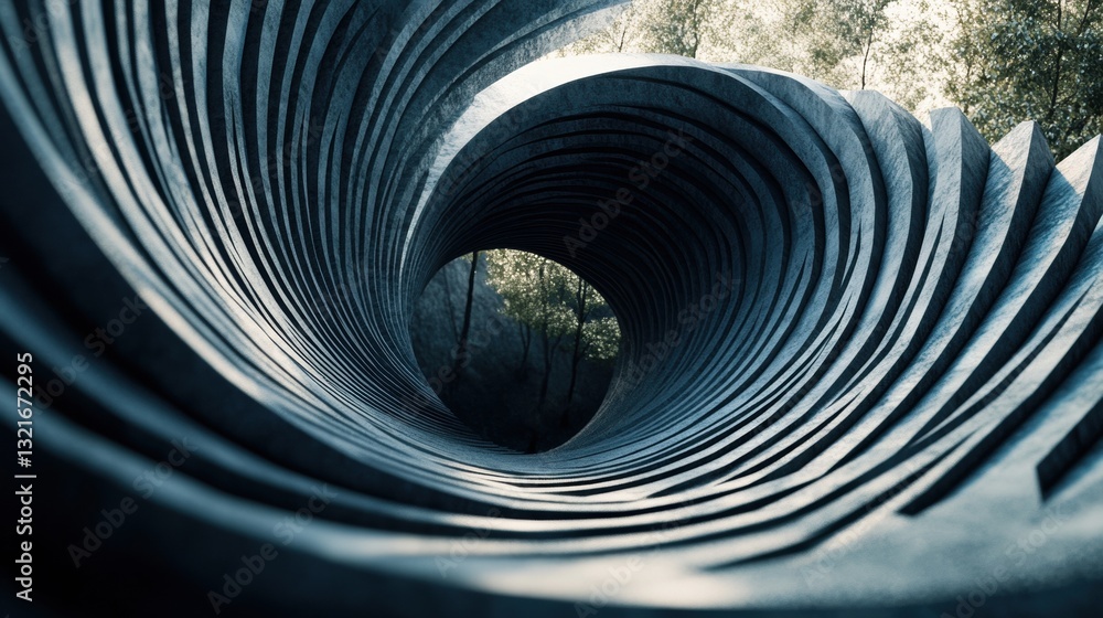 Aufkleber abstract spiral structure with layered curves and organic elements in a serene forest environment, f