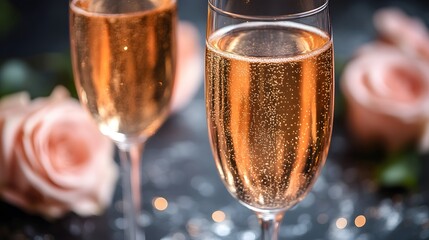 Ros? Champagne Flutes with Roses on Dark Background