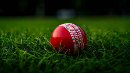 Vivid Red Cricket Ball On Lush Green Grass Field Close-Up Sports Photography