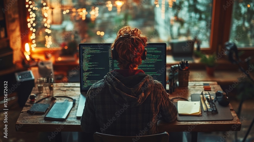 Aufkleber A person is seated at a desk surrounded by monitors displaying code related to quantum computing.