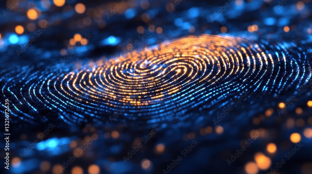 Poster abstract digital fingerprint glowing against a dark background with shimmering blue and orange light