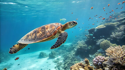 Obraz premium turtle with fishes in the background - Clear Sea Water- ocean floor - marine life 