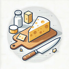 A flat minimalist illustration of French cheese with a cutting board and knife, isolated on a seamless white background, perfect for food icons.