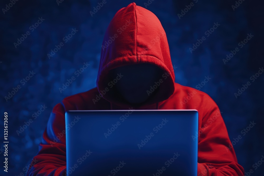 Poster mysterious hacker in shadows engaged with laptop in darkened environment
