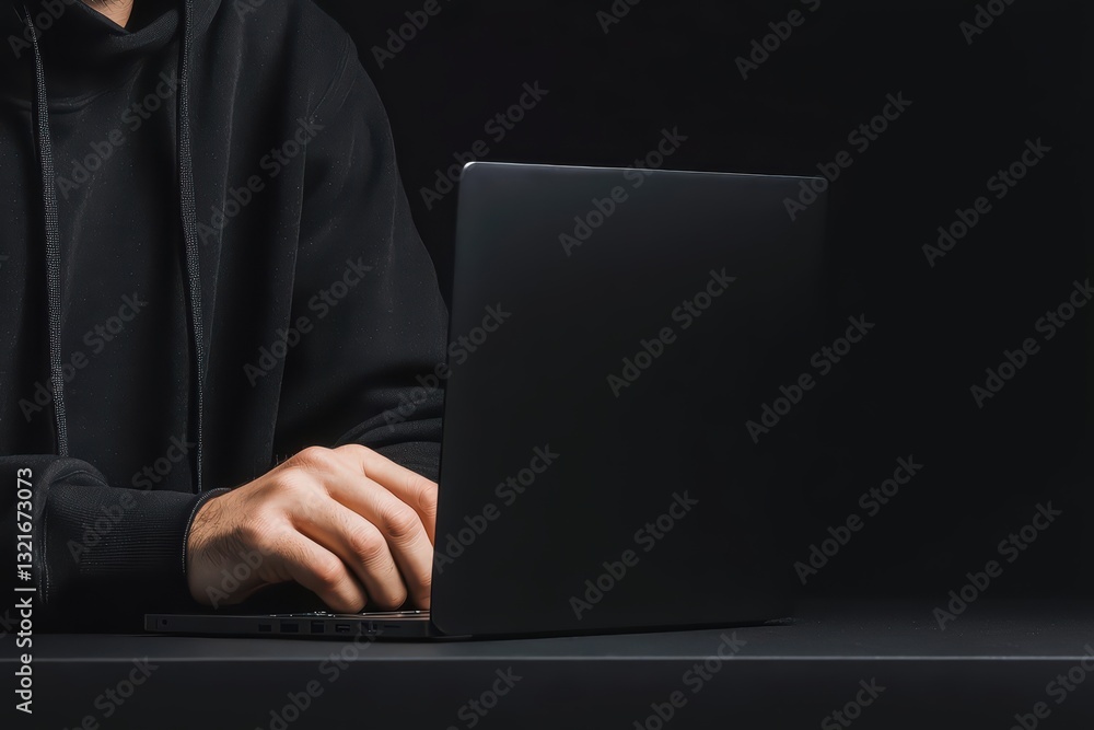 Poster mysterious hacker in shadows using laptop for unknown activities in dark environment