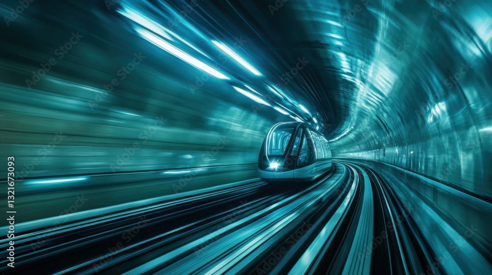 Poster high-speed train traveling through a futuristic tunnel with motion blur and glowing lights creating 