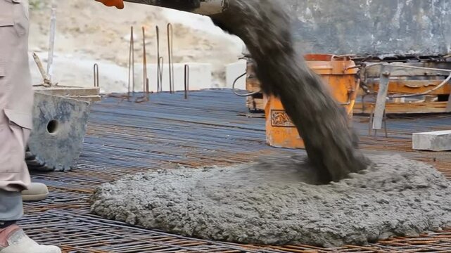 worker pouring concrete from tube on steel reinforcement formwork at construction site