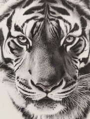 Close-up portrait of a majestic tiger highlighting its fierce gaze and detailed fur, captured in a serene moment