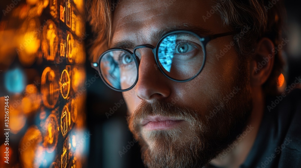 Poster A researcher studies quantum computing principles such as qubits and decoherence. The environment is illuminated with digital graphics, showcasing algorithms and data sets.