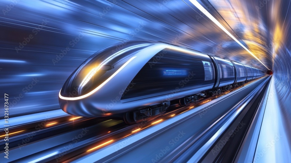 Poster high-speed train in motion through futuristic tunnel with vibrant lights and streamlined design enha