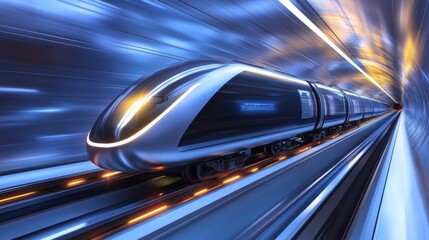 High-Speed Train in Motion Through Futuristic Tunnel with Vibrant Lights and Streamlined Design Enhancing Travel and Transportation Concept