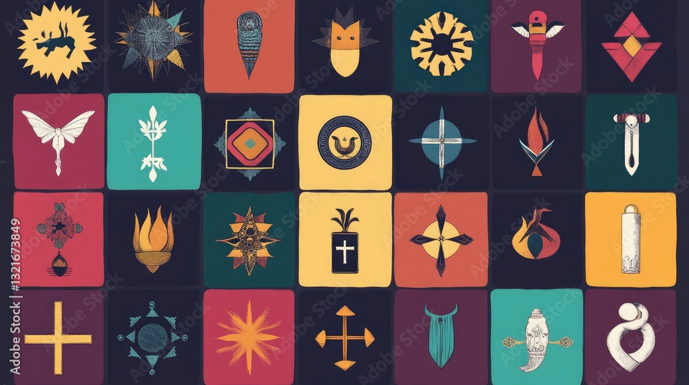 Poster collection of 30 unique abstract symbols and icons in a grid.
