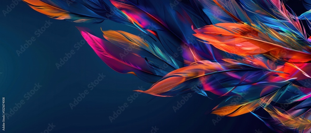 Poster dynamic abstract background with colorful feathers flowing in the wind, creating an energetic and vi