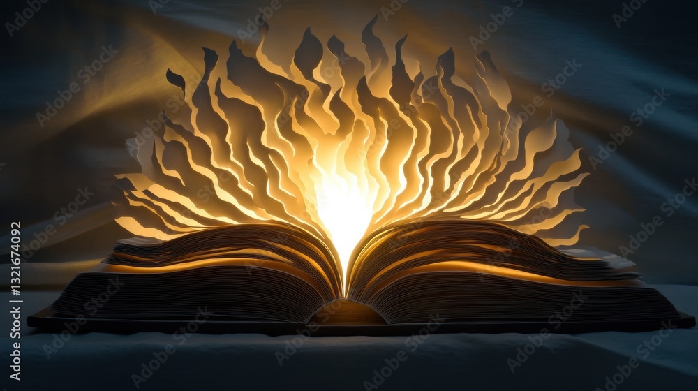 Aufkleber illuminated open book with paper flames representing creativity and knowledge with soft light and dy