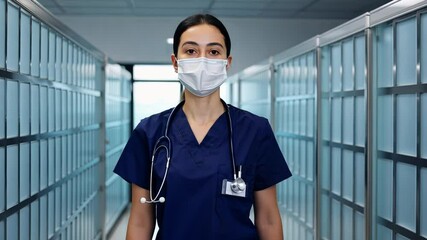 A determined female healthcare worker in blue scrubs and a protective mask, standing confidently in a modern medical facility.
