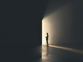 A person stands in a dark room with a beam of light coming from outside through the door