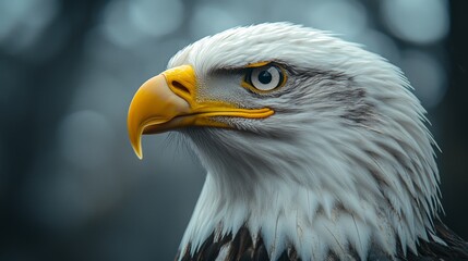 Obraz premium A bald eagle displays its striking features while perched in a tranquil forest. The early morning light gently highlights its vibrant yellow beak and intense gaze.