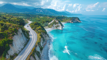 Coastal Road and Turquoise Sea: A breathtaking aerial view showcases a winding coastal road hugging the edge of a rugged cliff, with the mesmerizing turquoise sea stretching out to the horizon.