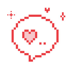 Pixel art love dialogue box with heart. Speech bubble in the mood of 90s aesthetics. Love message emoji. Vector illustration on a white background. Retro style game abstract element