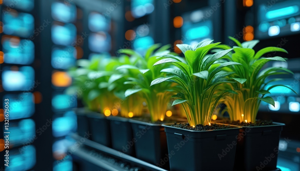 Poster Green plants grow on server hardware in data center. Sustainable tech, eco friendly technology solution for digital infrastructure. Modern cloud computing. Abstract futuristic server background with