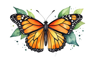 Obraz premium Watercolor Monarch Butterfly with Green Leaves on Black Background Illustration