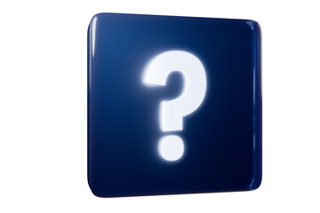 A blue square icon featuring a glowing question mark, symbolizing inquiry or mystery. 3d rendering