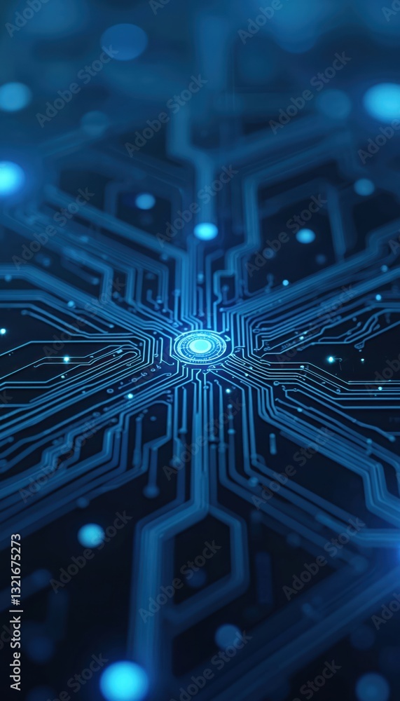 Poster conceptual circuit board featuring blue lines, glowing nodes, data flow. represents tech, electronic