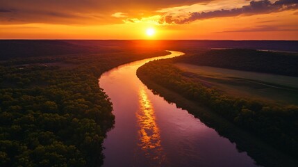 Tranquil River Landscape at Golden Hour: Aerial View Capturing Serene Sunset Beauty