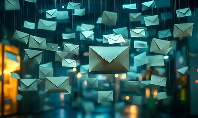 envelopes floating in a futuristic room.