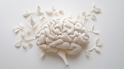 White Brain Sculpture Surrounded by Delicate Leaves on Clean White Background for Creative and Artistic Concepts