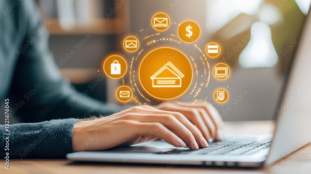Poster engaging online transaction concept with hands typing on keyboard and digital icons floating above