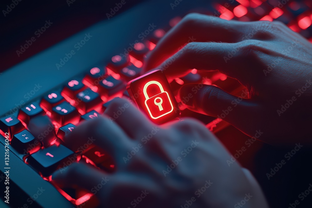 Poster hands typing a password with security icon on a backlit keyboard in a modern setting