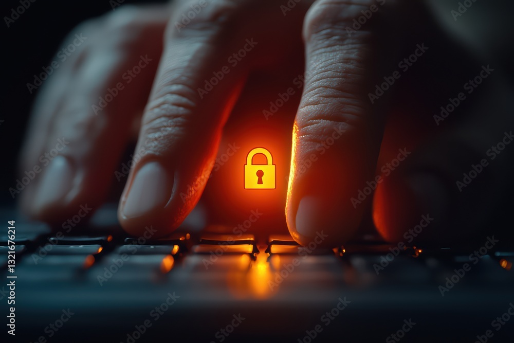 Poster concept of online security with hands typing password on a keyboard and lock symbol glow