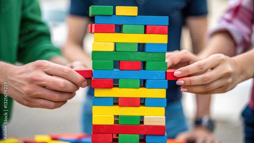 Poster employee engagement drives motivation and involvement concept. colorful jenga blocks stacked with ha