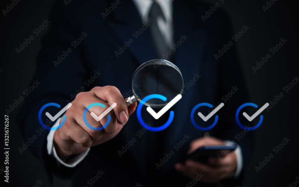 Poster business verification process with checkmarks and a magnifying glass. focus on technology, analysis,